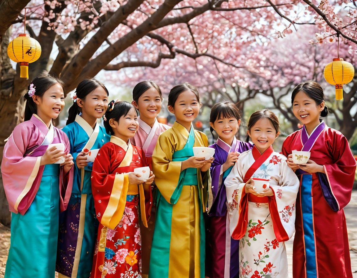 A radiant scene depicting a group of diverse Asian children dressed in colorful traditional clothing, joyfully engaging in acts of kindness such as helping elders and sharing food. They are surrounded by blooming cherry blossom trees and lanterns, symbolizing celebration and harmony. The atmosphere is filled with warm sunlight, highlighting their smiles and laughter. This image should embody a cheerful spirit, showcasing the rich tapestry of Asian culture through joyous interaction. vibrant colors. super-realistic.