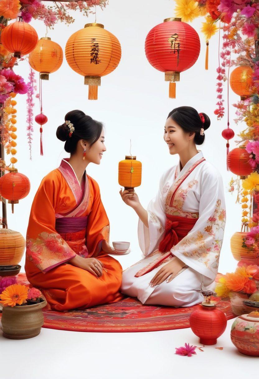 A vibrant celebration of Asian culture featuring joyful people in traditional attire, surrounded by colorful decorations, lanterns, and flowers. Incorporate elements like tea ceremonies, cheerful festivals, and kindness expressed through smiles and interactions. Capture the warm essence of community and togetherness. super-realistic. vibrant colors. white background.