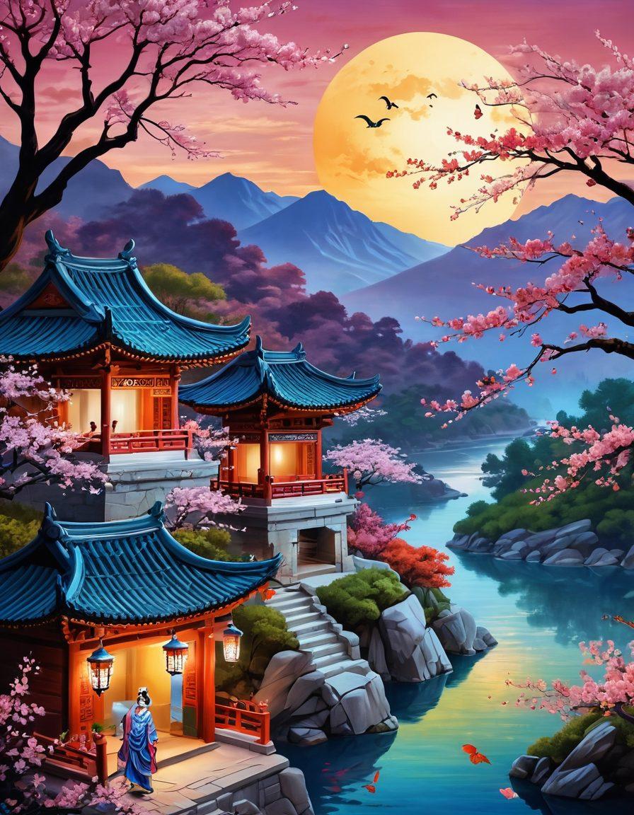 A vibrant illustration showcasing a harmonious blend of Asian cultural symbols, including cherry blossoms, lanterns, and traditional masks, intertwined with enchanting benevolent spirits represented as ethereal beings. Set against a backdrop of rolling hills and serene temples, the scene captures the joyful diversity of Asian heritage through warm, inviting colors and intricate patterns. The spirits can be depicted playfully interacting with elements in the landscape. super-realistic. vibrant colors. atmospheric lighting.